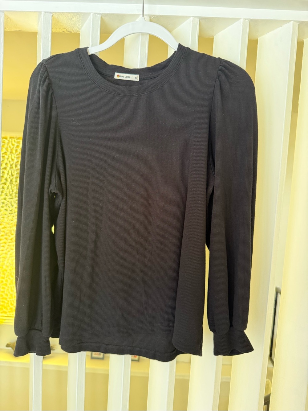 Marine Layer Black Puff Sleeve Ribbed Knit Top